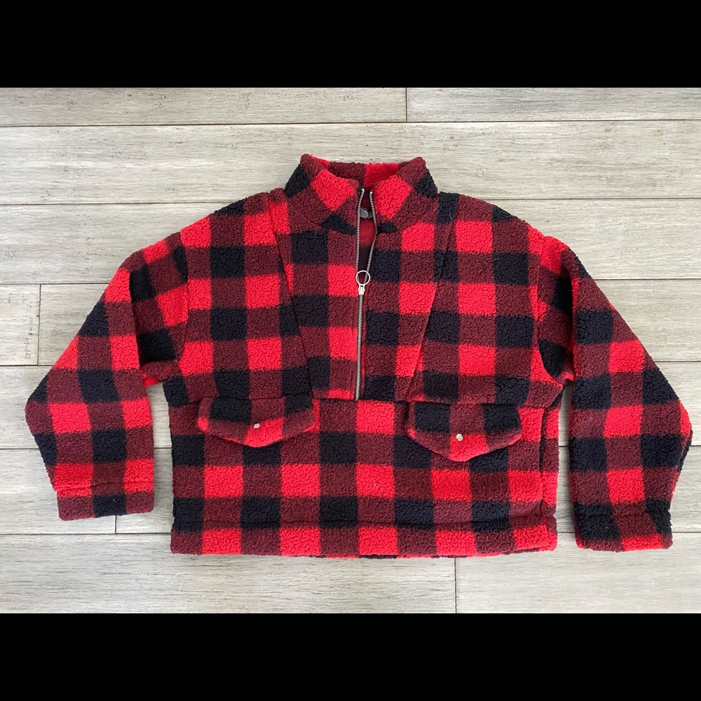 Plaid Quarter-Zip Fluffy Sweater